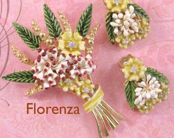 Vintage Florenza Floral Brooch and Earring Demi Parure