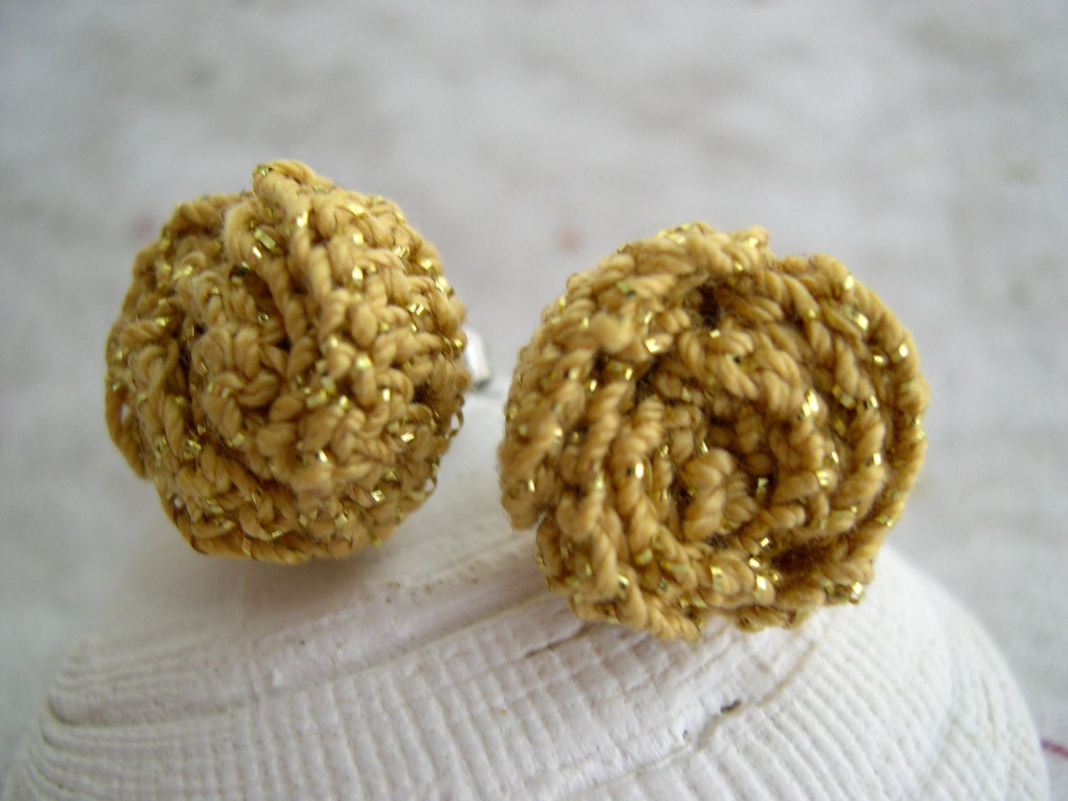 Golden Rose Earrings - Romantic Earrings  - Glamour Earrings - Metallic Gold - Crocheted Rose Earrings - Mother's day present