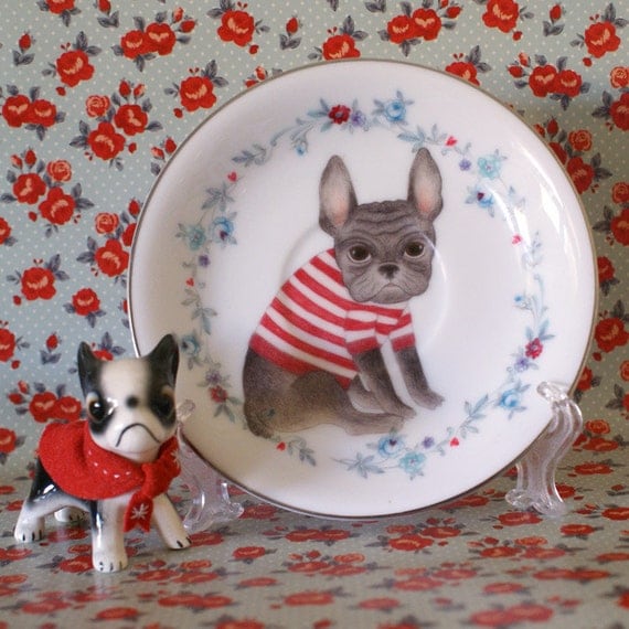 Little Frenchie With Blue and Red Floral Vintage Illustrated Plate