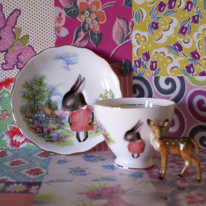 Illustrated Vintage Cup and Saucer Set Scenic Country Cottage with Shy Bunnies