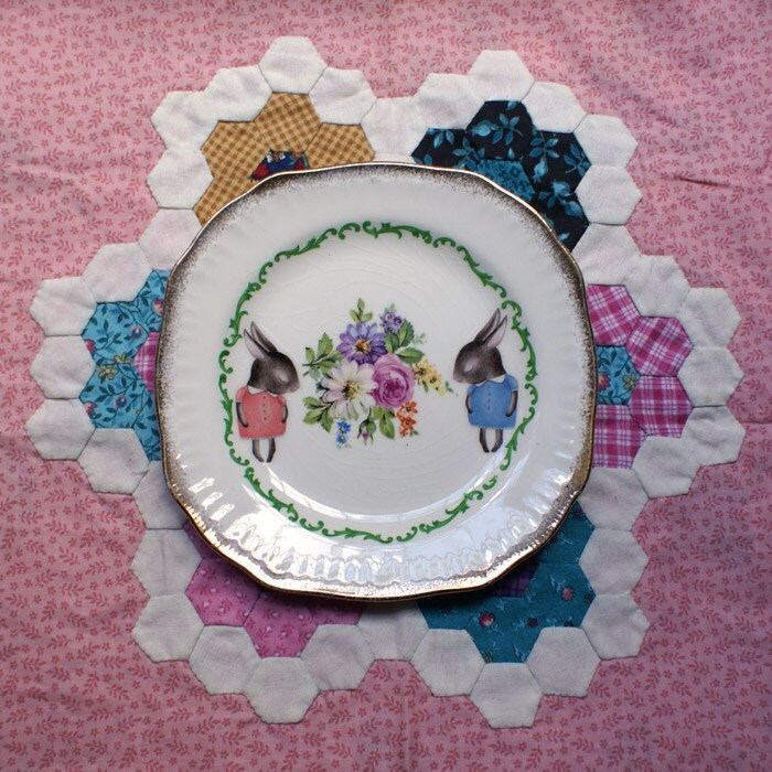 Little Shy Bunny Twins on Feature Floral and Green Border Vintage Illustrated Plate
