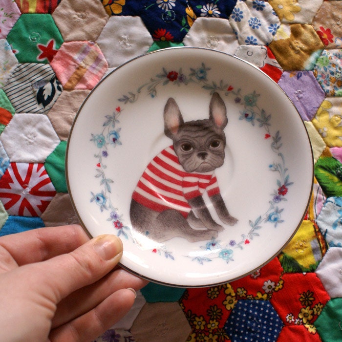Little Frenchie With Blue and Red Floral Vintage Illustrated Plate