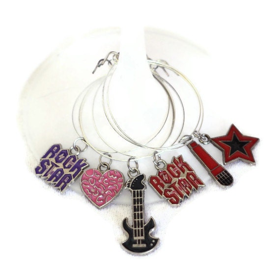 Rock Star Wine Glass Charms - Set of 6 - Guitar, Microphone, Star, Heart in Pink, Purple, Red, and Black