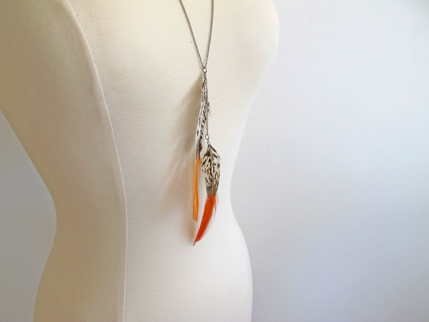 Lady Amherst Feathers on Long Sterling Silver Necklace - red tipped pheasant tail black white striped no cruelty - Fjothr Amore Valkyrie