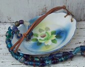 Vintage antique Made in Japan ring or jewelry dish or coin tray, basket, 1920s - 1940s, white porcelain with hand painted flowers, rose, bud, blue, green, pink, bambo handle