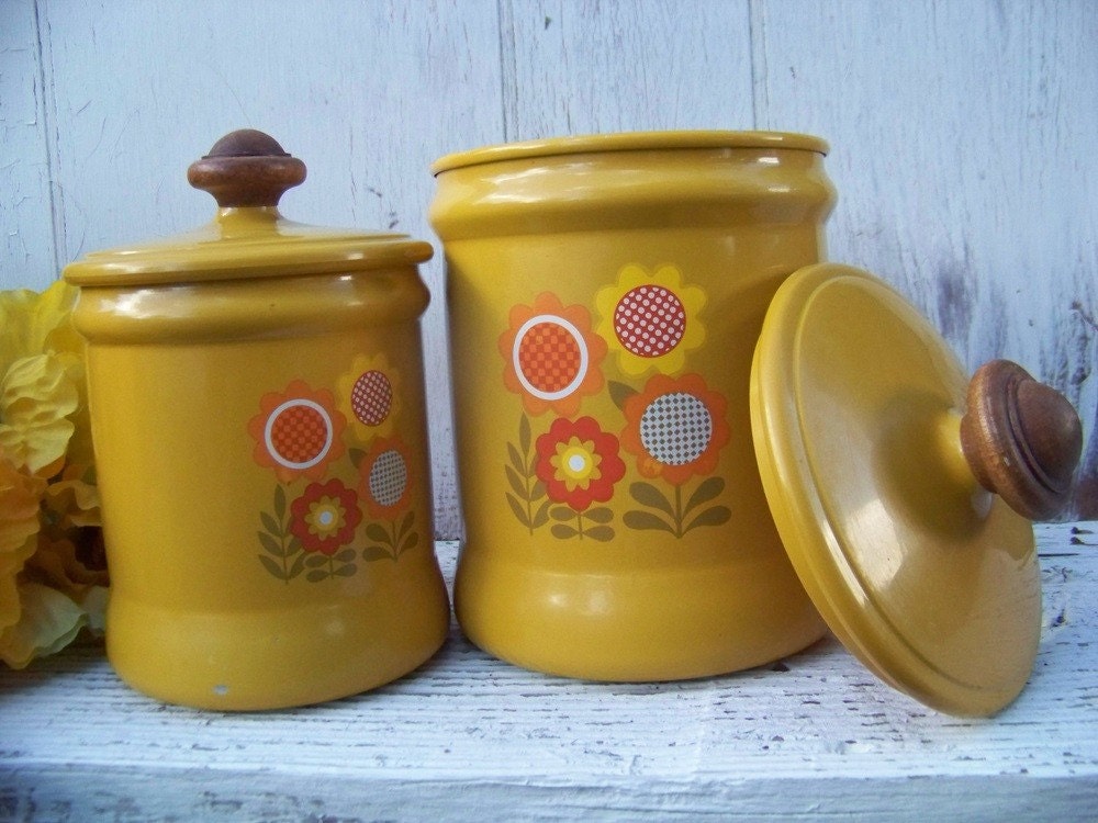 Retro 1970s harvest gold, flowered tin canister set made by Westbend, made in USA on Etsy