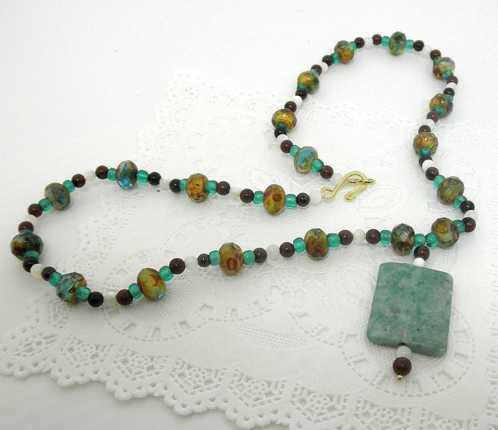 Bohemian Variegated Glass, Mother of Pearl, Aqua Sea Glass, & Poppy Jasper Necklace - BeadsGalore2 Bohemian Variegated Glass, Mother of Pearl, Aqua Sea Glass, & Poppy Jasper Necklace - BeadsGalore2