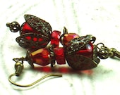 Fandango Vintage Floral Inspired Earrings in Brass and Red Czech Crystal