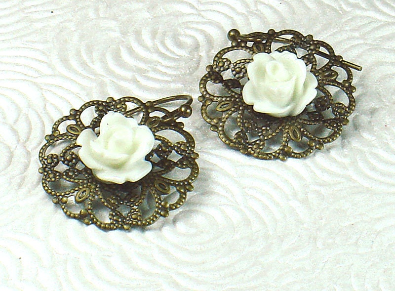 White Rose on Brass Filigree Vintage Style Floral Earrings