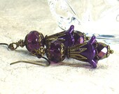Vintage Style Hand Dyed Purple Lucite Flower Earrings with Crystal and Brass
