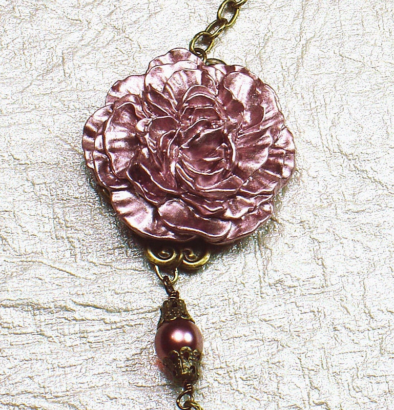 Champagne Pink Carnation Flower Asymetrical Necklace with Pink Czech Glass and Brass Filligree