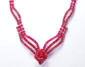 Painted Rhinestone Necklace in Neon Pink with Resin Rose