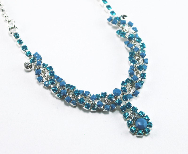 Aqua, Powder Blue, and Crystal Painted Rhinestone Necklace OOAK