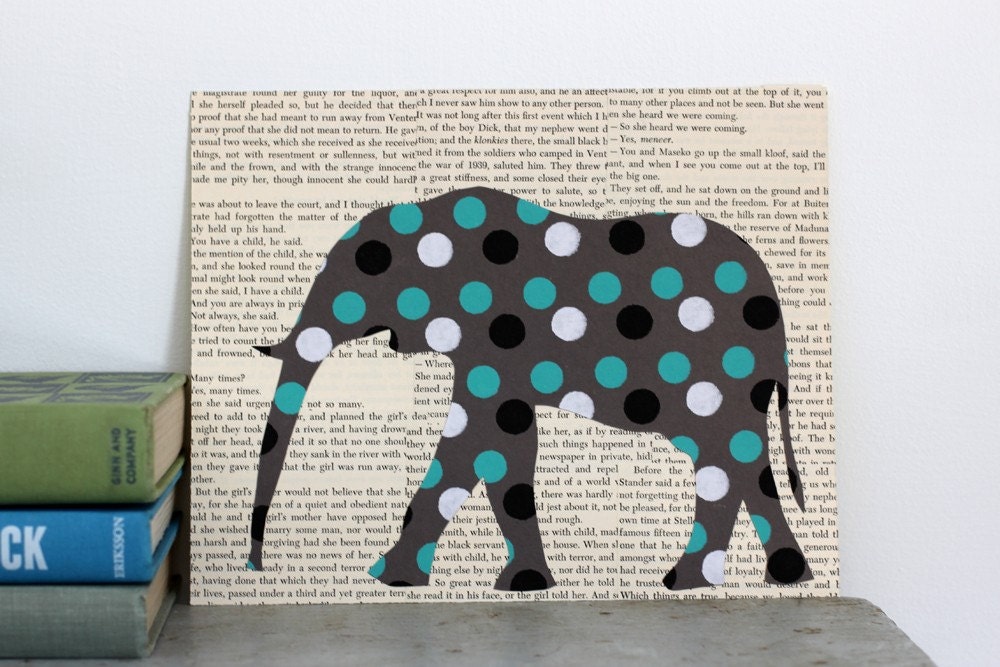 Polkadot Elephant in Teal and Gray on Vintage Text - Original Collage
