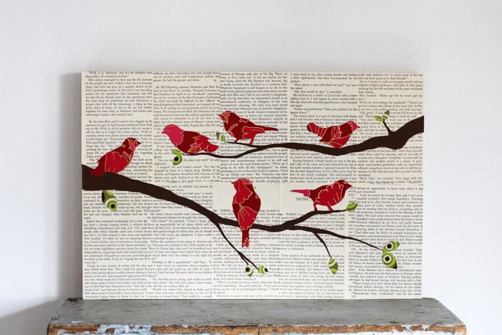 Bird on Branch Decor, Bird Wall Art, Woodland Animal Art, Nursery Paper Art Birds Mounted on Birch Panel, 12"x18"