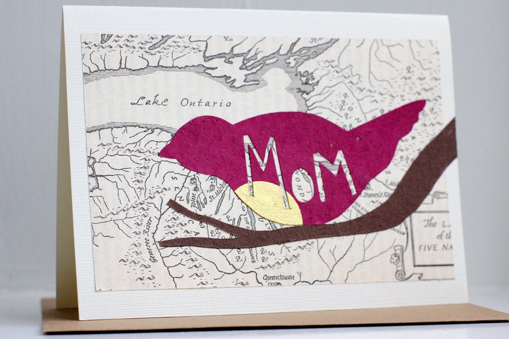 Hand Cut Bird on Branch Mother's Day Card, Papercut Card for Mom with a Magenta and Gold Bird over a Vintage Map, Woodland Mother's Day Card