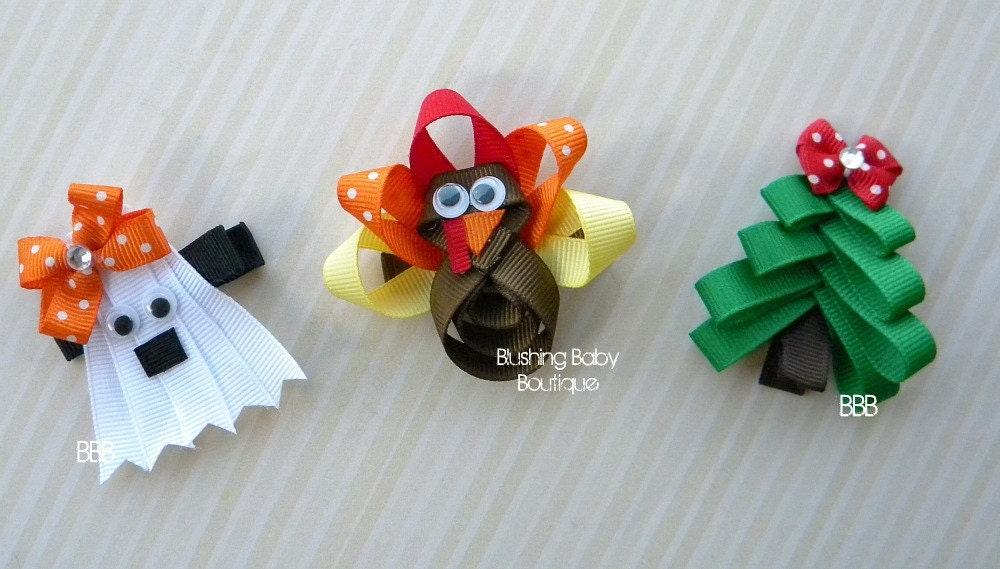 Holiday Hair Clip Trio- Halloween- Thanksgiving- Christmas- Ghost- Turkey- Christmas Tree-