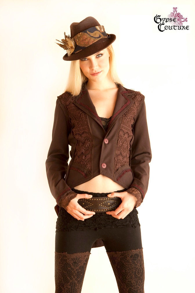 Coffee Bean Equestrian Gypsy Jacket Trimmed w/ Vintage Lace