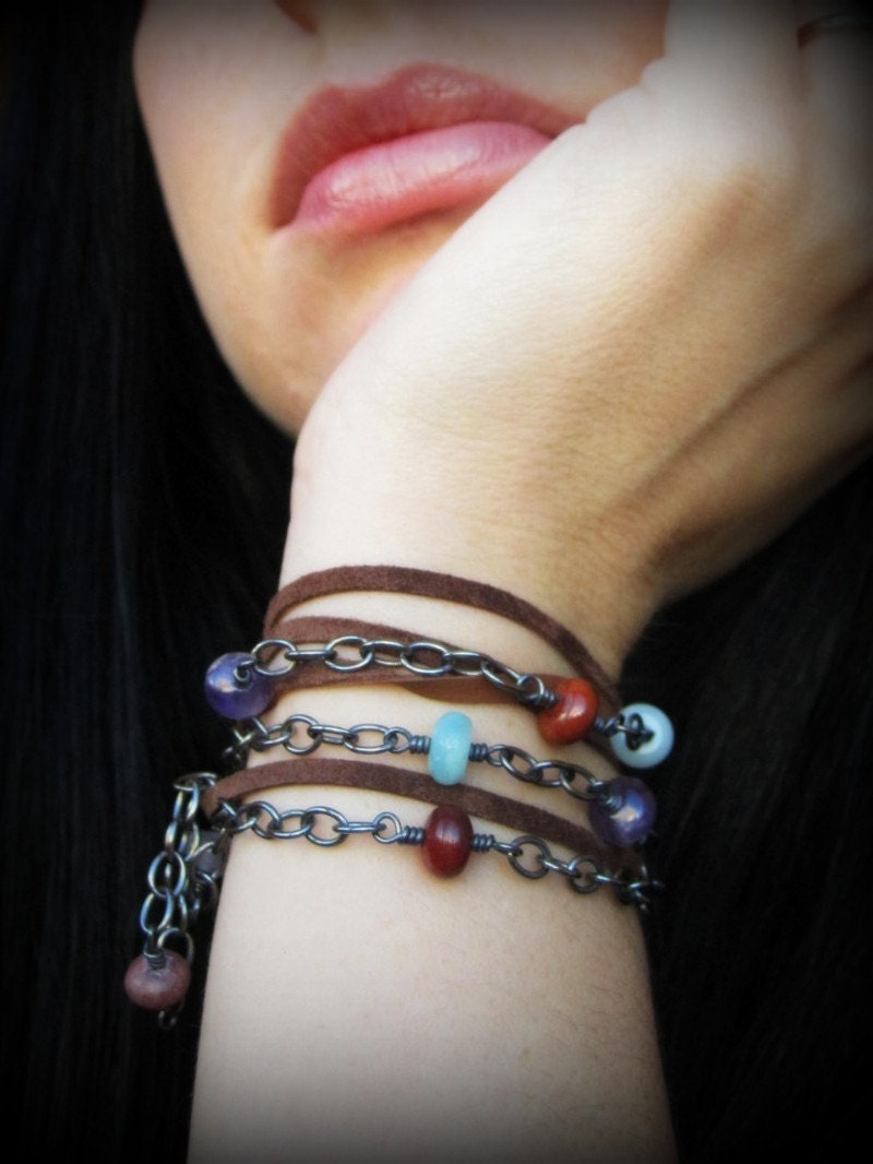 Sterling silver, stone, and leather wrap bracelet / necklace