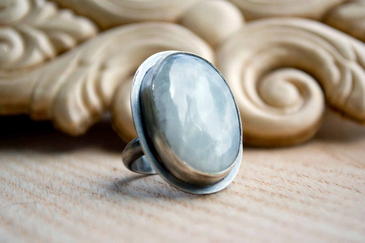 Moonstone Ring, Sterling Silver, size 7 winter white, chunky, cocktail ring