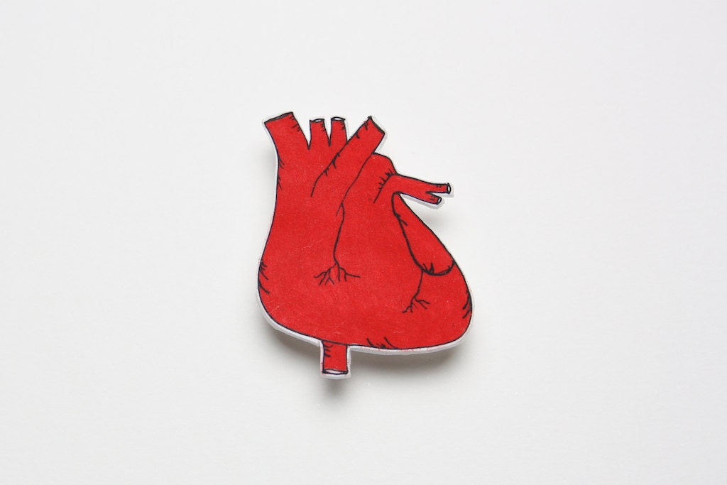 Red Human Heart Brooch, Red & Black Heart Pin, 2 inches, Plastic Original Drawing Heart jewellery Pin