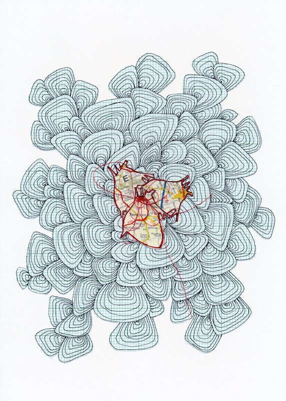 Original Drawing Heart Map Collage Print, Graph Paper, Lines - Limited Edition Print - 11.5 X 8