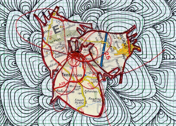 Original Drawing Heart Map Collage Print, Graph Paper, Lines - Limited Edition Print - 11.5 X 8