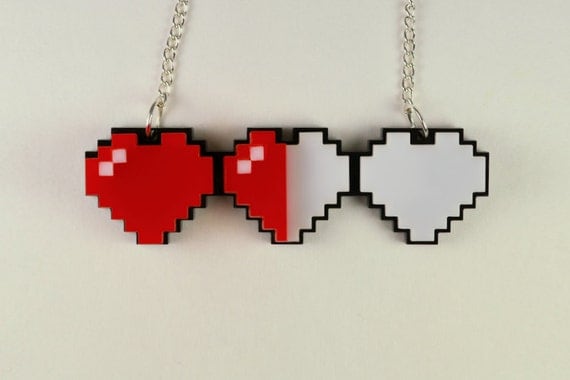Health Bar Three Pixel Hearts Necklace - Laser Cut Acrylic  - Legend of Zelda Health Hearts Necklace