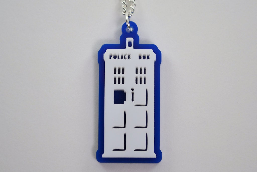 Dr. Who TARDIS Police Box Pendant Necklace - Laser Cut Acrylic