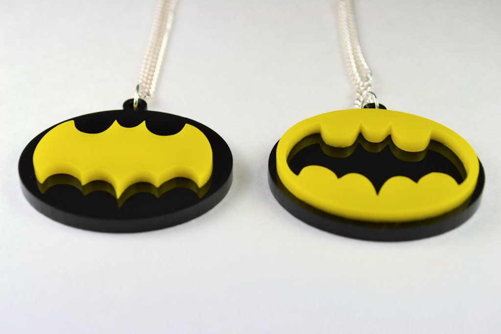Pair of Retro Batman Symbol Pendant Friendship Necklaces - Laser Cut Acrylic - 4 Dollar Discount