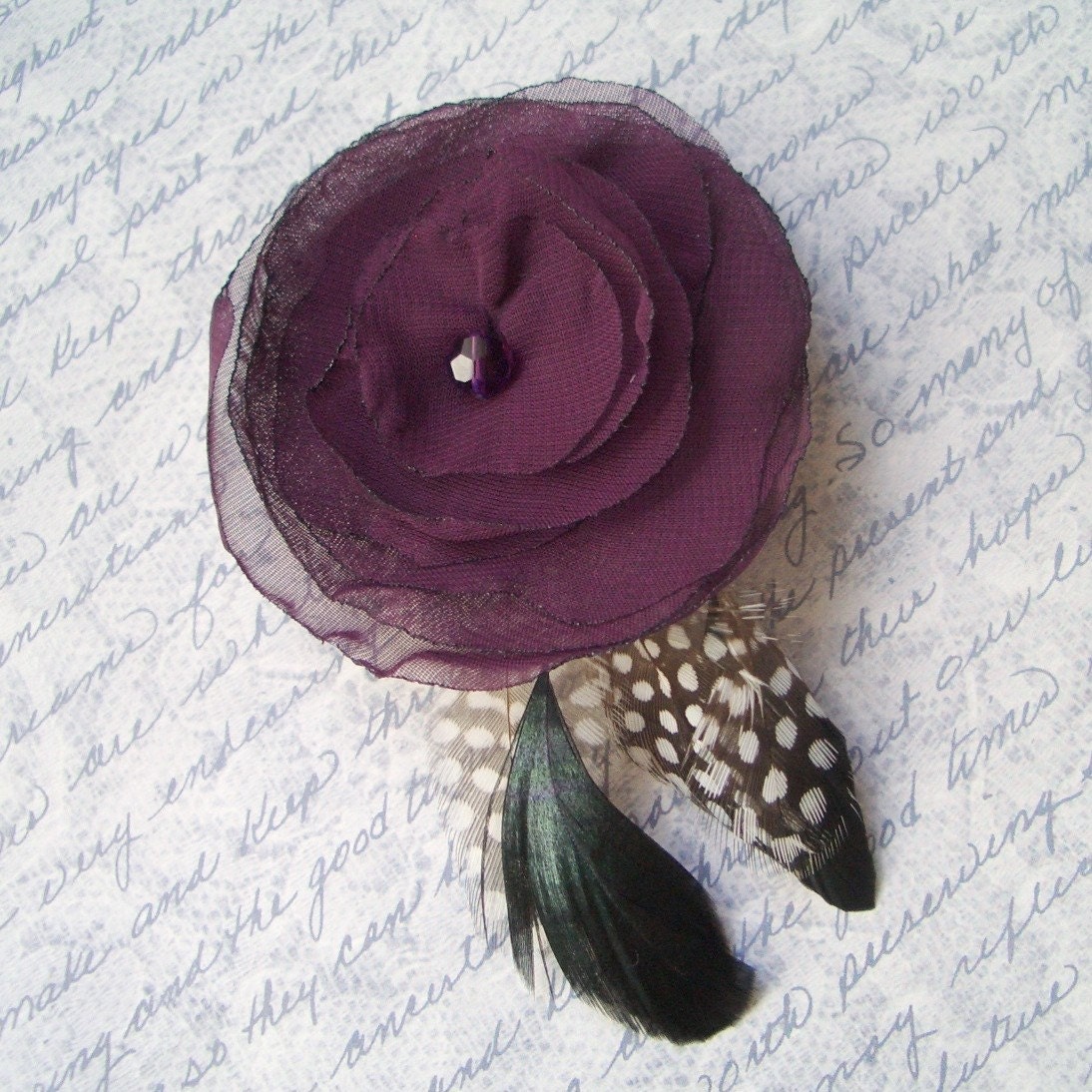 RACHEL - Aubergine Flower Hairclip with Feathers