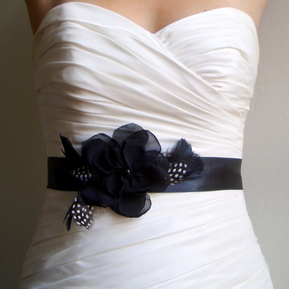 Wedding  Belt  Bridesmaid Sash Petite Josie  with Polkadot and Black feathers Wedding Accessories