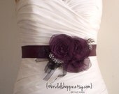 Wedding Sash Belt RACHEL - Dark Eggplant Purple Satin Bridal Sash with Feathers and Fringe