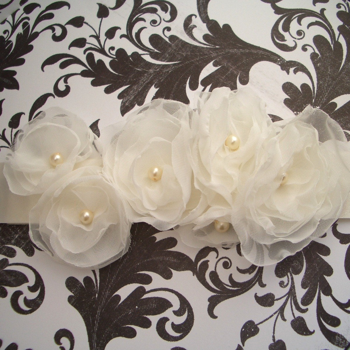 Wedding Sash Bridal Belt PEARL - Light ivory flowers on Ivory 1.5" width sash