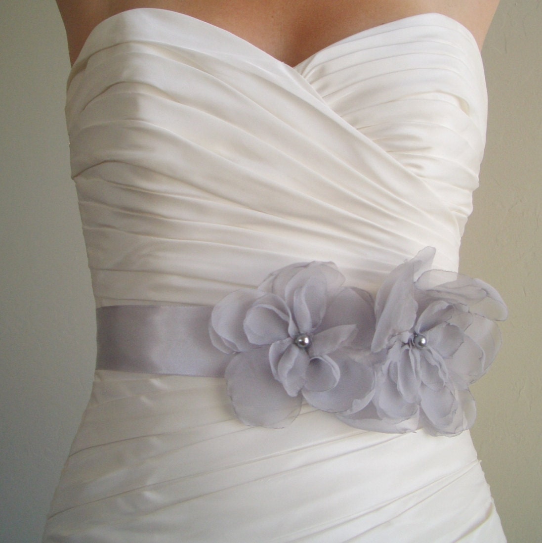 JOSIE DUO - Two Grey Chiffon Flowers on Silver Bridal Sash