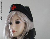 Nurse Military Hat Cap Black PVC Cross  - Is it Steampunk or Fetish or Goth or Fashion, you decide how its worn. Special Online Price.
