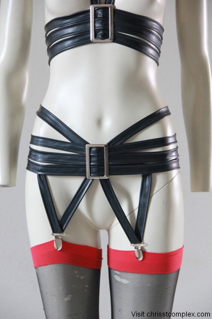 Latex Garter Belt Buckle Black Fetish Gothic Lady Gaga Cosplay Costume Steampunk - Chrisst Unique Fashion - SPECIAL ETSY PRICE