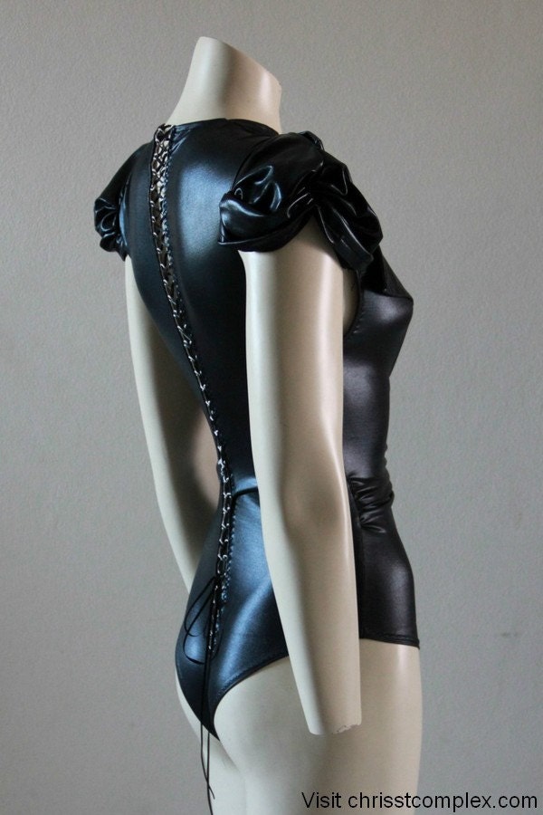 Bodysuit Black Pvc Latex Look Gothic Dark Fashion Barbie Kawaii Lolita Cosplay - Chrisst's black pvc bodysuit - SPECIAL ETSY PRICE