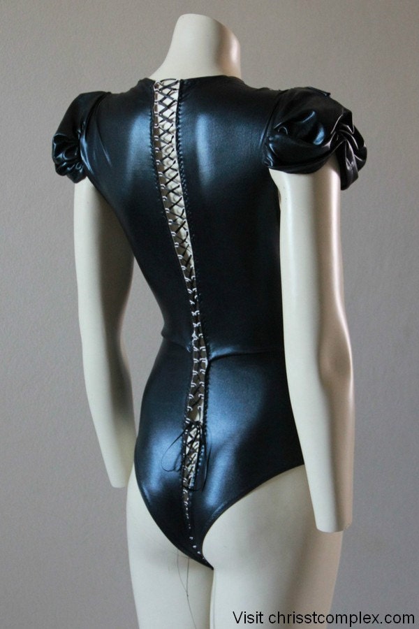Bodysuit Black Pvc Latex Look Gothic Dark Fashion Barbie Kawaii Lolita Cosplay - Chrisst's black pvc bodysuit - SPECIAL ETSY PRICE