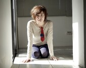 Red Funky Tie with Blue Pom Pom Brooch