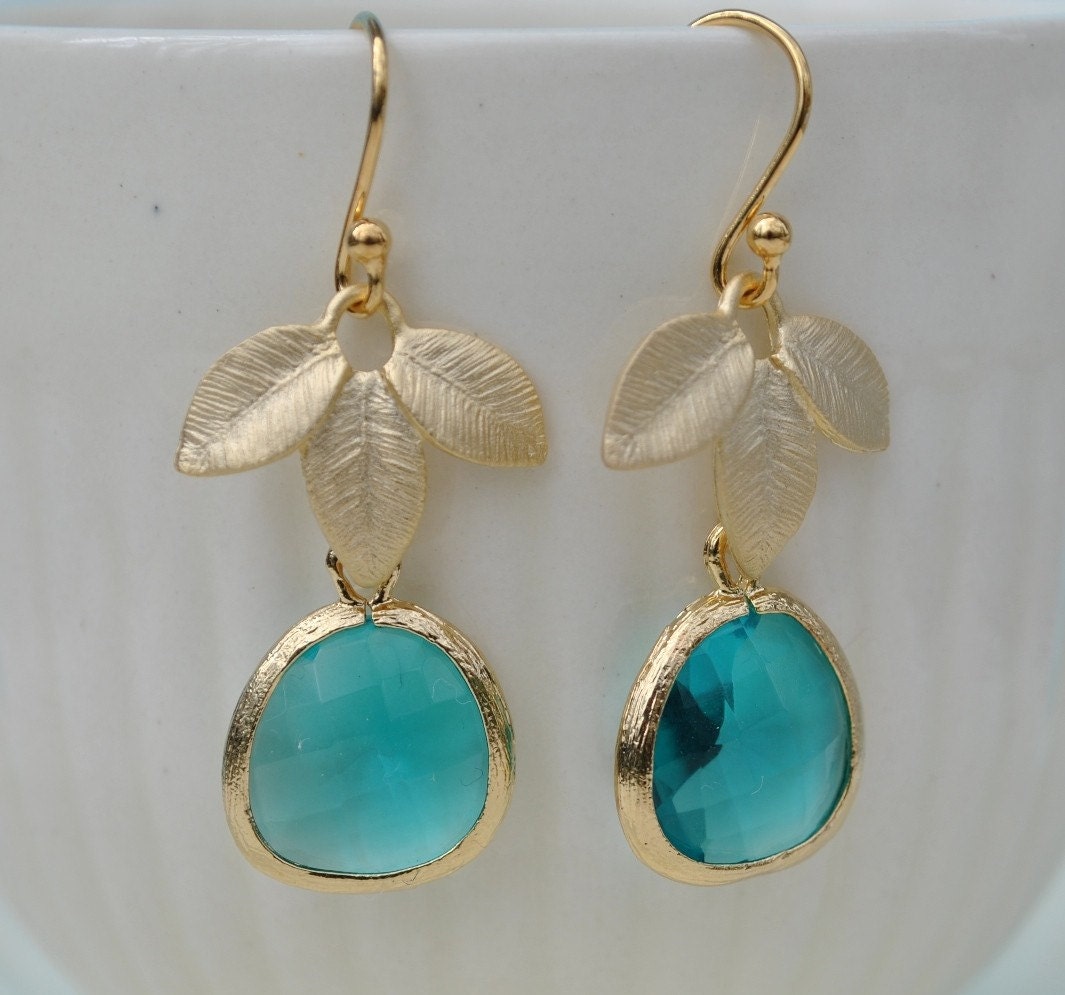 Blue Bridesmaid Earrings Sea Blue and Leaves gold - perfect for any ocassion, bridesmaid gifts, bridal jewelry