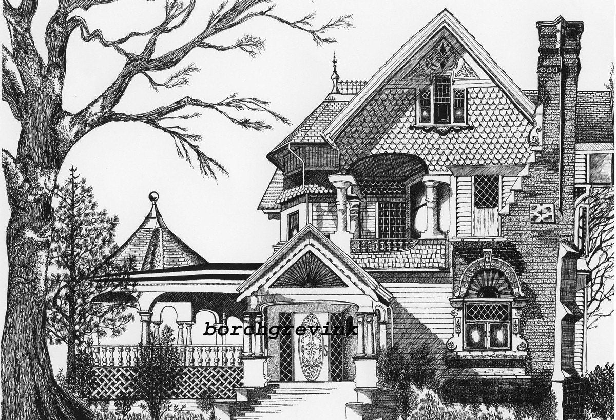 Jeremiah Nunan House (aka The Catalogue House), Jacksonville, Oregon - pen & ink drawing, 12" x 16" matted