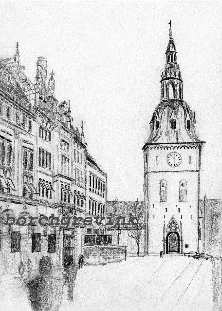 Oslo Cathedral (Oslo Domkirke), Oslo, Norway - pencil sketch, 8" x 10" including mat