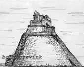 Uxmal, The Pyramid of the Magician, Yucatan, Mexico - ink sketch, 8" x 10" matted