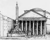 Pantheon and Piazza della Rotonda, Rome, Italy - ink sketch, 12" x 16" matted