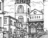 Amalfi, Italy, Amalfi Coast, Campania, Italy -  ink drawing, 12" x 16" matted