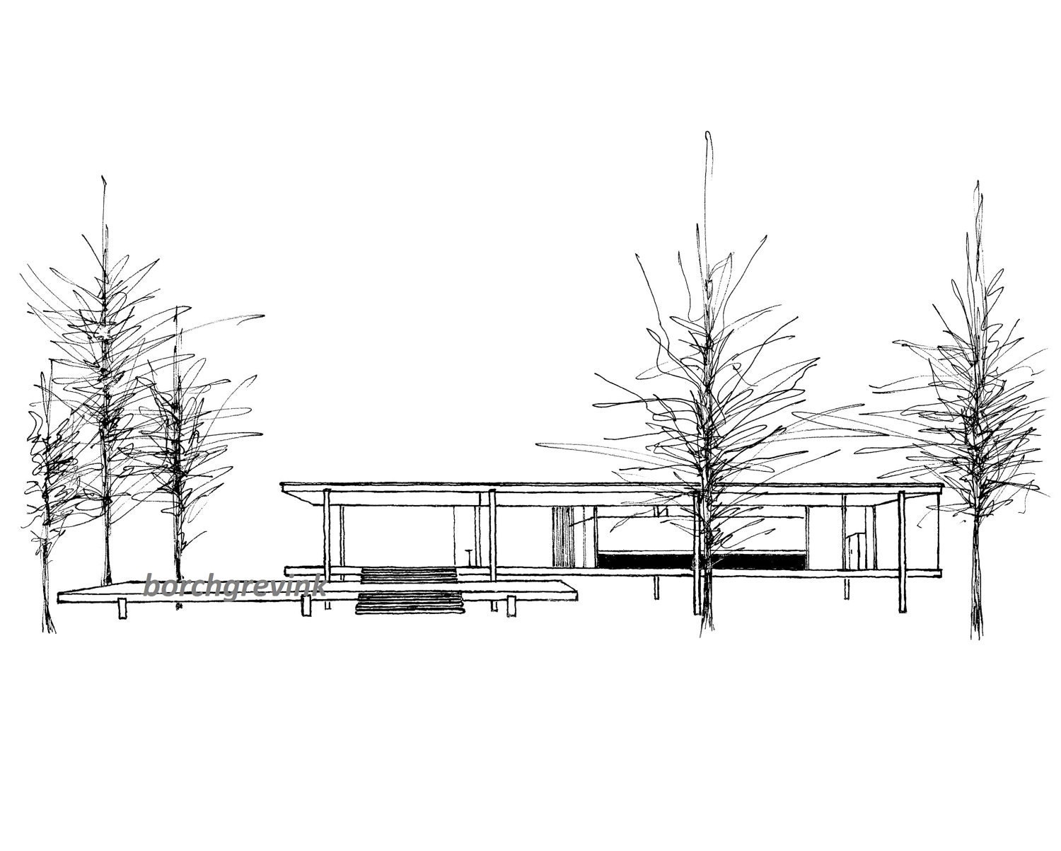 The Farnsworth House, Plano, Illinois - ink sketch, 11" x 14" matted