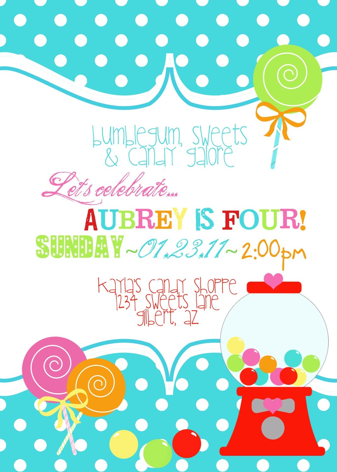 Gumball Candy Sweets Printable Birthday Party Invitation - Fresh Chick Designs