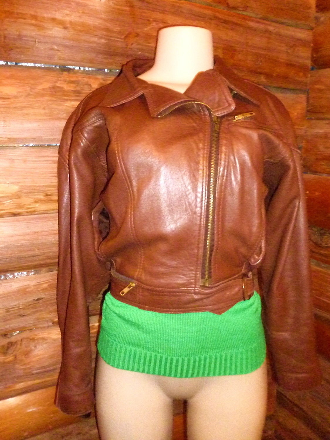 70's Soft Brown Medium Leather Jacket Unique Slightly Cropped Womens leather jacket