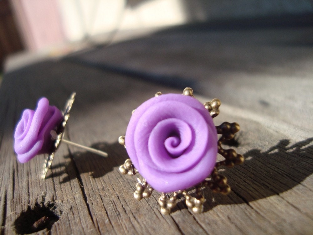 Lavender Clay Rose Filigree Earrings